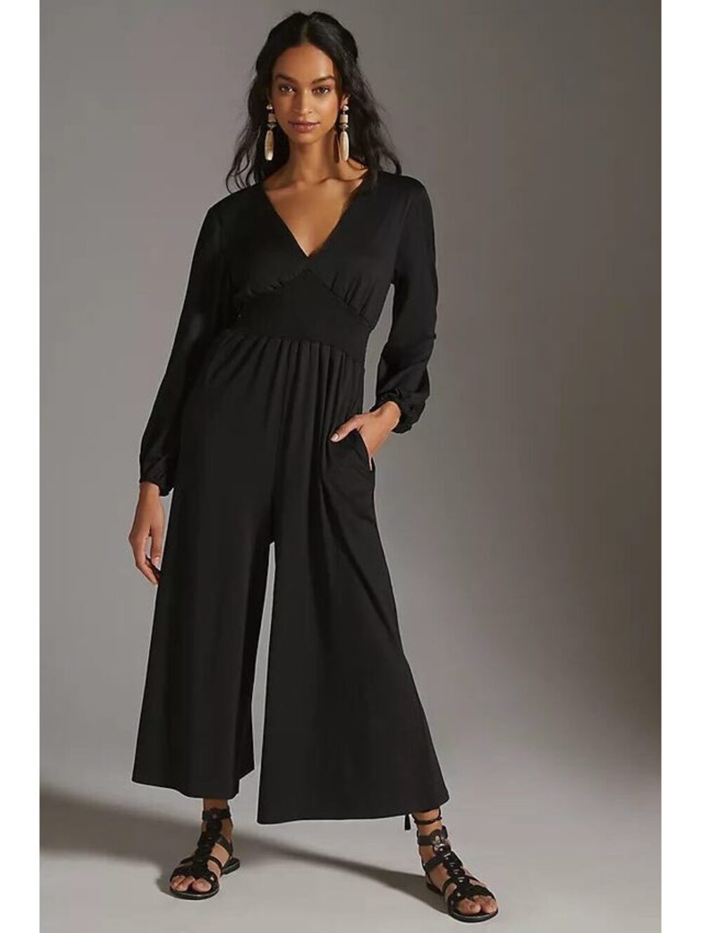 Hutch Anthropologie Black Wide Leg Jumpsuit Long Sleeve Smocked Waist V Neck